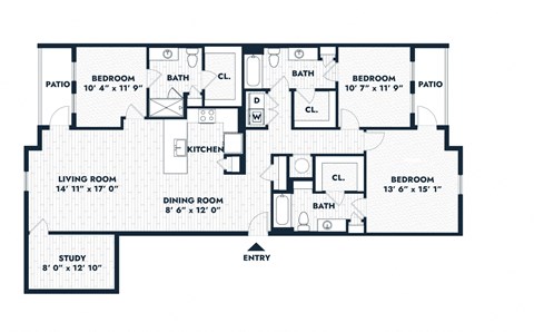 Floor plan for 3 beds, 3 baths, 1733 sqft